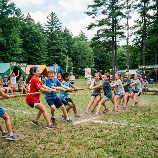 Campers competing in a tug-of-war outside Camp Riverwood